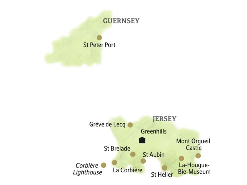 Vom Herzen der Insel aus, unserem Standort bei St Peter, erkunden wir die Insel Jersey, besuchen St Brelade, La Corbière, St Aubin und Mont Orgueil Castle. Mit der Fähre machen wir einen Ausflug zur Nachbarinsel Guernsey.