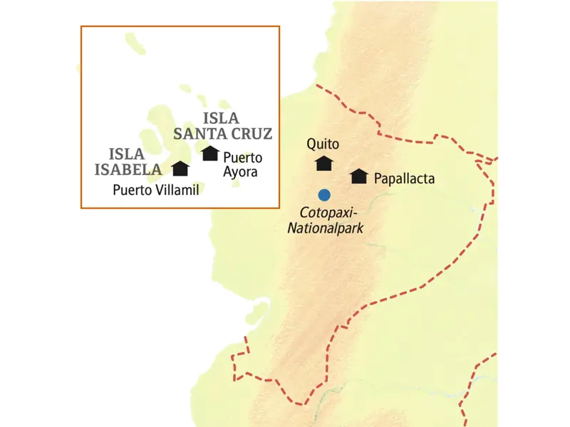 Unsere smart&small-Reise in kleiner Gruppe nach Ecuador und Galápagos beginnt in Quito, führt nach Papallacta, dann auf die Isla Isabella und die Isla Santa Cruz nach Puerto Ayora.