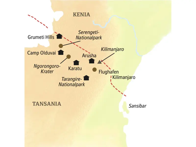 Unsere Standorte auf der smart & small-Rundreise durch Tansania sind Arusha, Karatu, Camp Olduvai und Grumeti Hills. Wir besuchen den Tarangire-Nationalpark, den Ngorogoro-Krater und den Serengeti-Nationalpark.