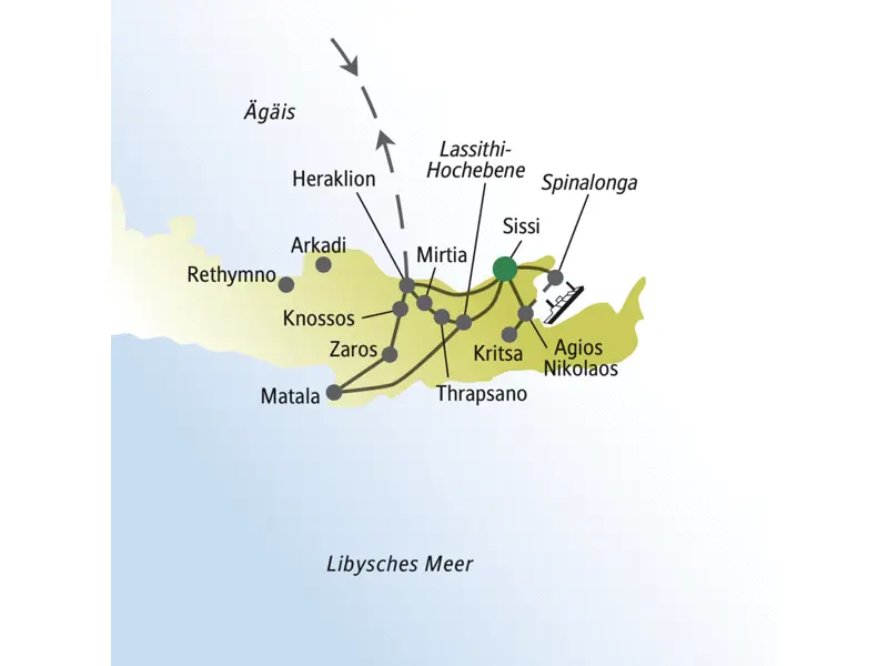 Vom Badeort Sissi aus erkunden wir die Insel Kreta und erleben Heraklion, Spinalonga, Agios Nikolaos, Knossos, eine Rundfahrt über die Lassithi-Hochebene und das Bergdorf Zaros.