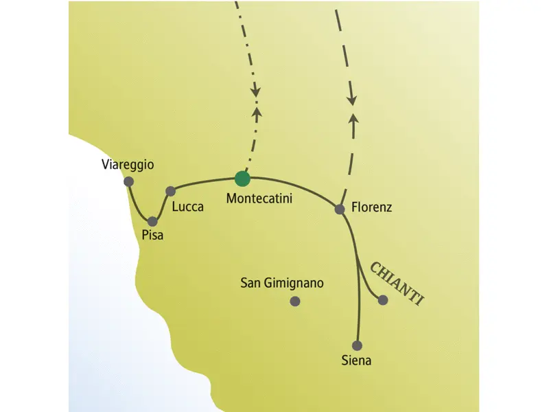 Unsere Singlereise durch die Toskana führt von Montecatini ins Chiantigebiet, nach Florenz, Lucca und Pisa.