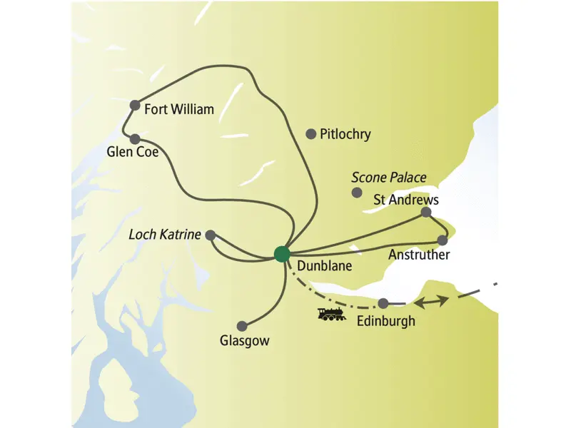 Unsere Rundreise für Singles und Alleinreisende durch Schottland startet in Edinburgh, führt uns nach Dunblane und von da aus u. a. nach Glen Coe, zum Loch Katrine, nach Pitlochry, Glasgow, St Andrews und zurück zum Ausgangspunkt.