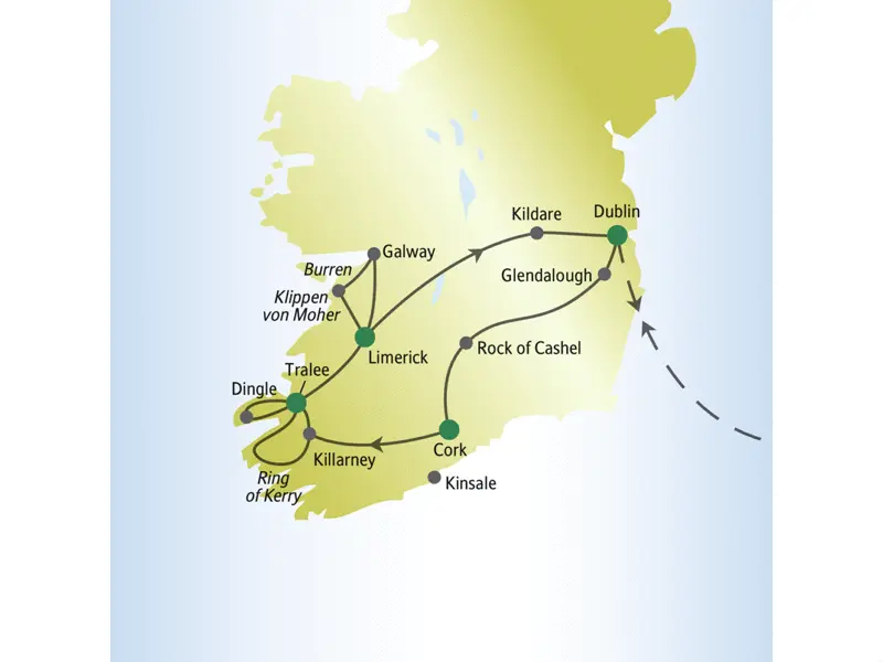 Die Reiseroute unserer Rundreise für Singles und Alleinreisende durch Irland führt uns von Dublin aus über Rock of Cashel, Cork, Kilarney, Dingle und Galway zurück in die Hauptstadt. Auch die Cliffs of Moher besuchen wir.
