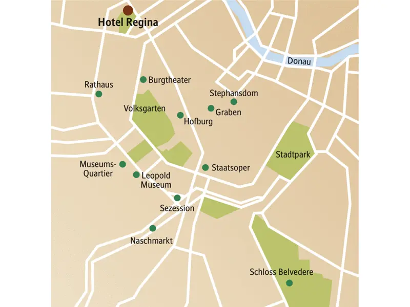 An der Ringstraße, gegenüber der Votivkirche ist unser Domizil - zentraler kann man in Wien kaum wohnen. Unser Traditionshotel Regina ist der ideale Ausgangspunkt für Stadterkundungen zu Fuß oder mit der Tram. Der Stephansdom, die Hofburg und die Staatsoper erwarten Sie auf dieser Silvesterreise für Singles und Alleinreisende.