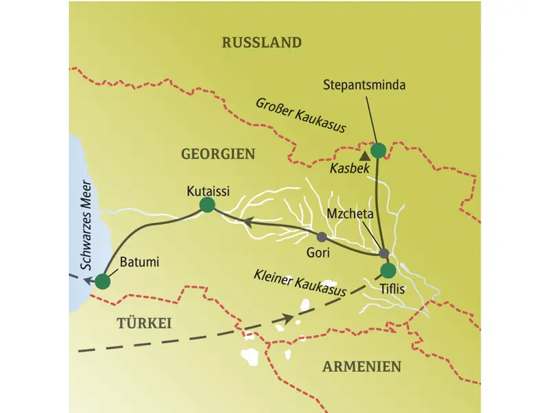 Unsere Studiosus-Studienreise für Singles und Alleinreisende durch Georgien startet in Tiflis und führt über Stationen wie Stepantsminda, Gori und Kutaissi bis nach Batumi.