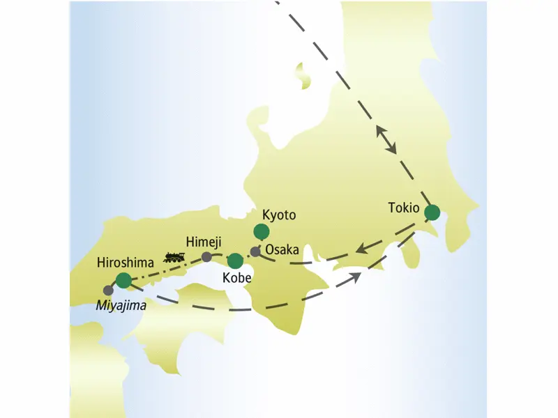 Unsere Rundreise durch Japan für Singles und Alleinreisende startet in Tokio und führt über Osaka, Kyoto, Himeji und Hiroshima, zurück in die Hauptstadt. Wir besuchen den Zen-Garten in Ryon und erkunden Kobe.