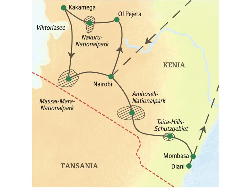 Unsere Reiseroute durch Kenia startet in Nairobi und führt über Ol Pejeta, Nakuru, Taita Hills bis nach Diani. Sie erleben auf dieser Natur-Studienreise die Nationalparks Nakuru, den Massai-Mara- sowie den Amboseli-Nationalpark.