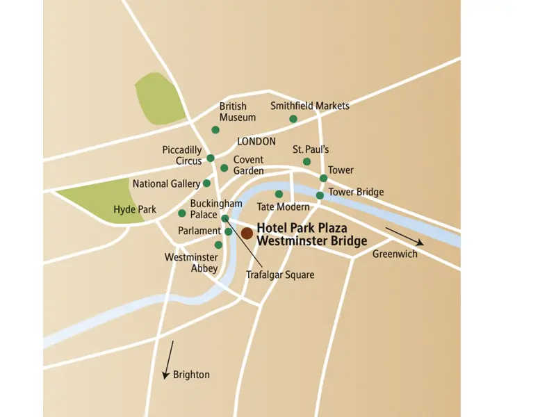 Der Stadtplanausschnitt zeigt die Innenstadt von London und den Standort unseres Hotels Park Plaza Westminster Bridge, Tate Modern, Westminster Abbey, Parlament, Buckingham Palace, Hyde Park, Piccadilly Circus, British Museum, St. Paul's und Tower Bridge.