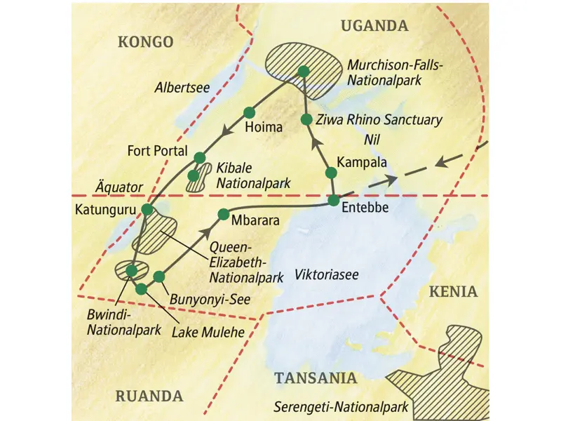 Bei unserer Studienreise Uganda - mit Gorilla-Tracking kommen wir unter anderem in die Orte Entebbe, Kampala, Hoima, Fort Portal, Katunguru, Lake Mulehe und Mbarara,