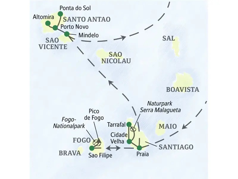 Bei unserer Wanderstudienreise auf die Kapverdischen Inseln besuchen wir die Inseln Santiago, Fogo, Sao Vicente und Santo Antao.