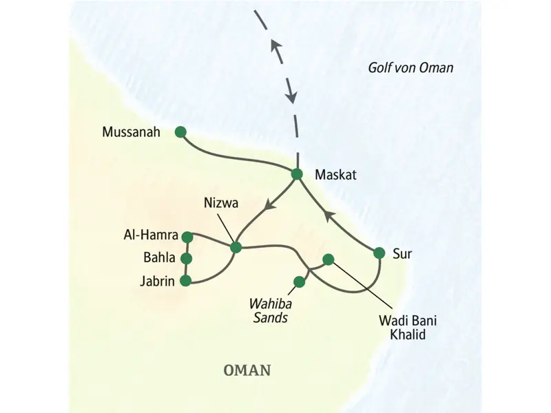 Bei unserer Reisen  Oman - Impressionen besuchen wir unter anderem Maskat, Sur, Nizwa, Mussanah und Wahiba Sands.