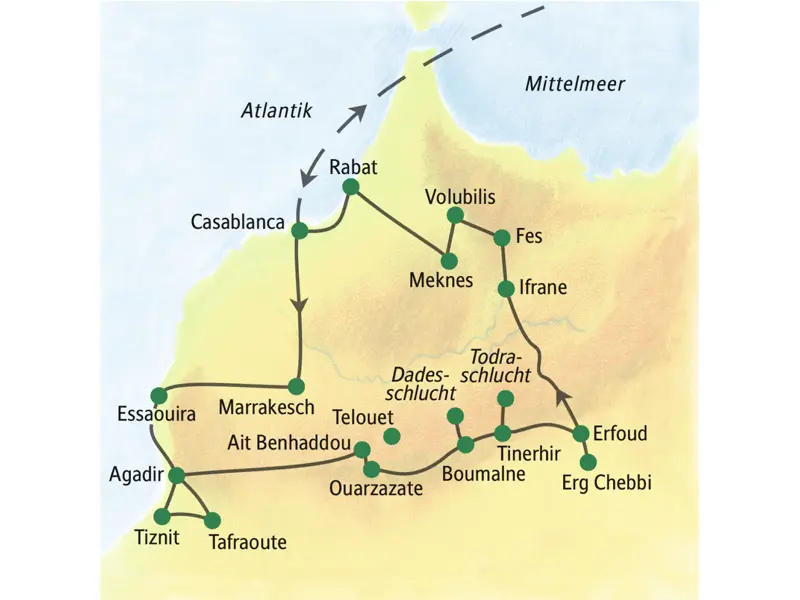 Auf unserer umfassenden Studienreise durch Marokko erleben wir in 15 Tagen alle vier Königsstädte, die Hochgebirgslandschaften des Hohen und Mittleren Atlas und die Atlantikküste zwischen Essaouira und Agadir.