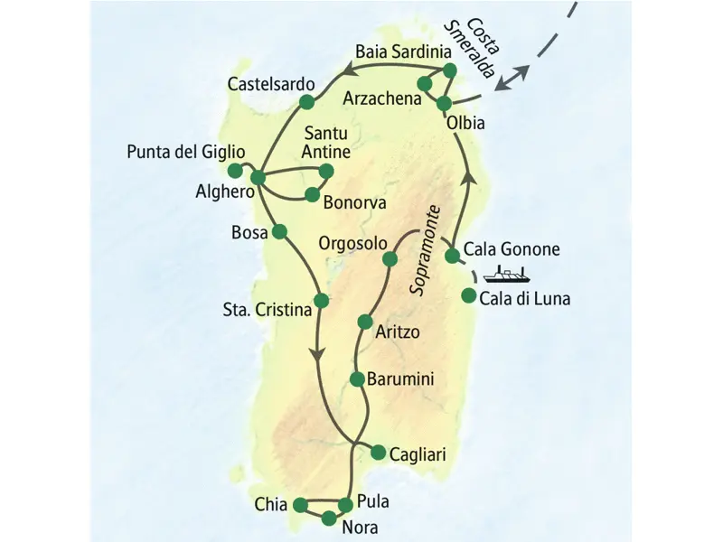 Reisekarte der Wanderreise Sardinien 0466  mit den wichtigsten Stationen, wie Arzachena, Castelsardo, Alghero, Cagliari, Pula und Cala Gonone.