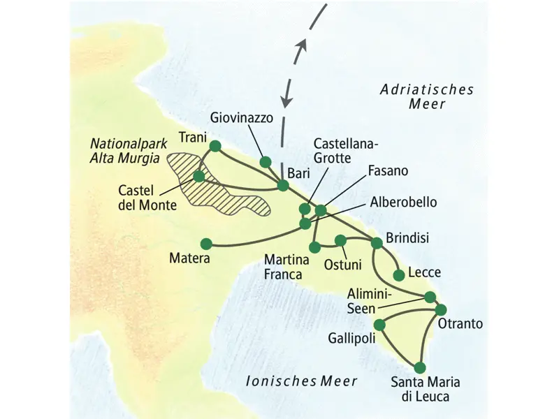 Reisekarte der Reise Apulien - aktiv erleben mit allen wichtigen Orten der Reise, wie z.B. Fasano, Alberobello, Castel del Monte, Trani, Bari, Lecce, Otranto und Gallipoli.