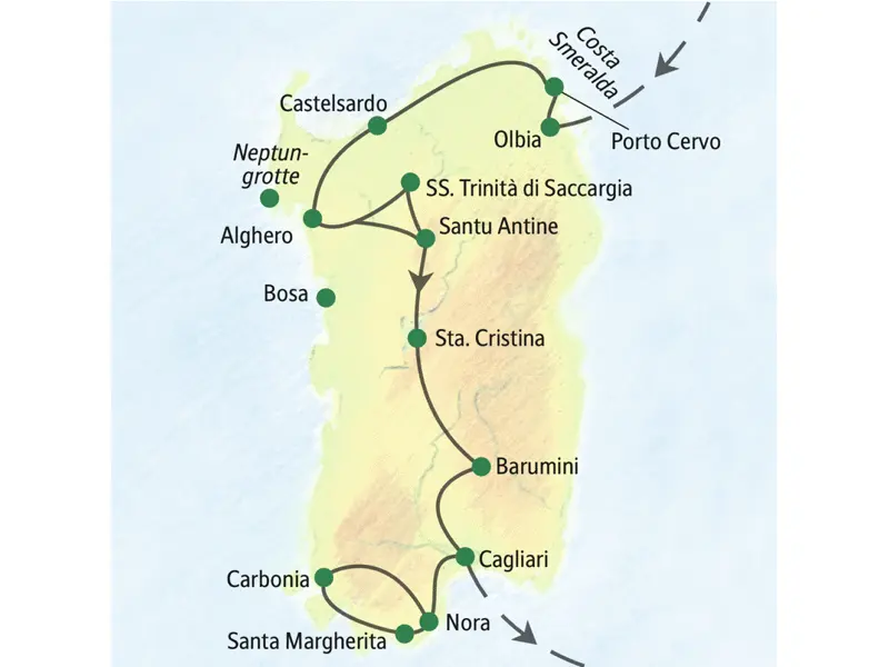 Stationen der Reise Sardinien mit Muße sind unter anderem Olbia, Castelsardo, Alghero, Cagliari und Santa Margherita.