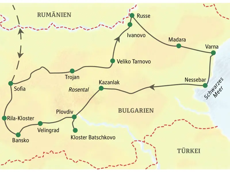 Die Karte zeigt den Verlauf der Reise durchBulgarien: Sofia, Trojan, Veliko Tarnovo, Ivanovo, Madara, Varna, Nessebar, Kazanlak, Plovdiv, Kloster Batschkovo, Velingrad, Bansko, Rila Kloster.