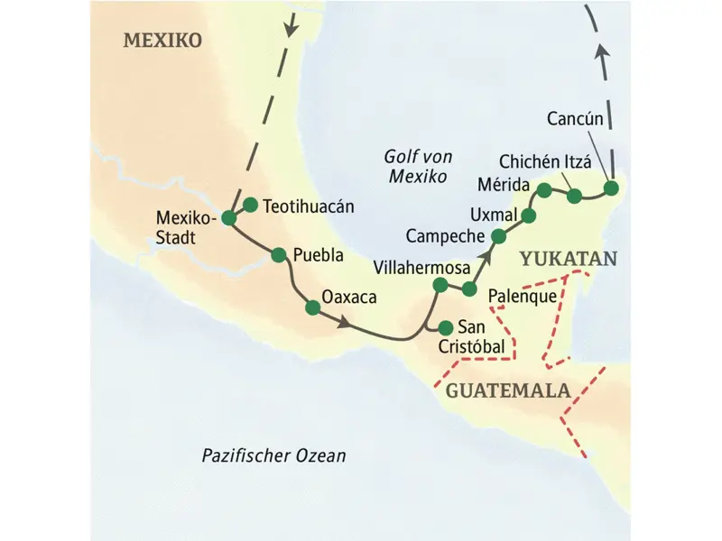 Die Route unserer Studienreise durch Mexiko führt von Mexiko-Stadt über Puebla, Oaxaca und San Christóbal auf die Halbinsel Yukatan und dort über Uxmal und Chichén Itzá bis nach Cancún.