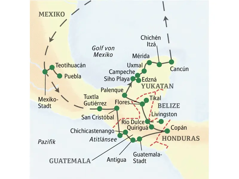 Unserer Reiseroute durch Mexiko startet in Mexiko-Stadt und führt über San Cristóbal, den Atitlánsee, Chichicastenango, Antigua, Copán und Tikal bis auf die Halbinsel Yukatan und endet in Cancún.