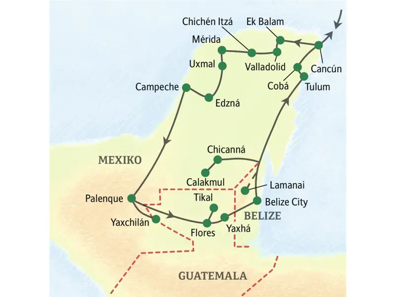 Unsere Reiseroute durch Mexiko, Guatemala und Belize startet in Cancún und führt über Chichén Itzá, Campeche, Palenque, Tikal und Belize City zurück zu unserem Ausgangspunkt. Sie erleben auch die Götterwelt der Mayas in Uxmal und Umgebung.