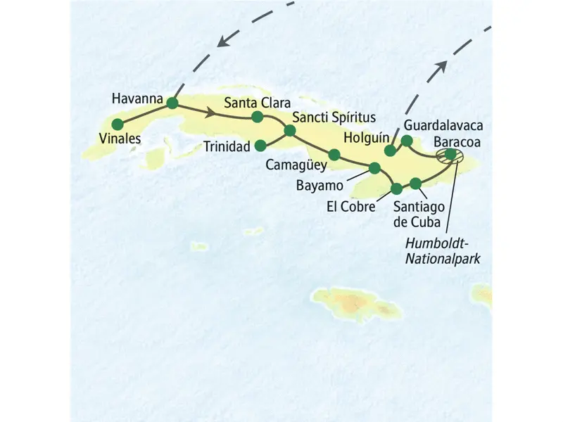 Unsere Studienreise durch Kuba führt von West nach Ost, beginnend in Havanna über Santa Clara, Trinidad, Camagüey, Santiago de Cuba und Baracoa bis nach Guardalavaca.