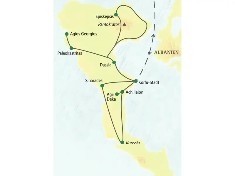 Unsere Wander-Studienreise auf Korfu führt uns nach Korfu-Stadt, von Kontokali aus in den Norden bis nach Roda, außerdem nach Paleokastritsa und in den Süden bis nach Achilleion und Korissia.