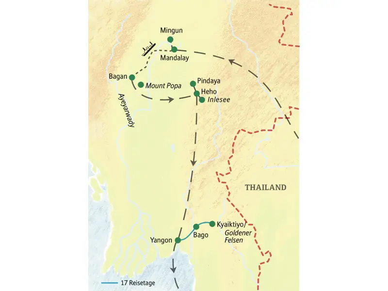 Die wichtigsten Stationen dieser Reise sind Yangon, Mandalay, Bagan, Inlesee und Pindaya