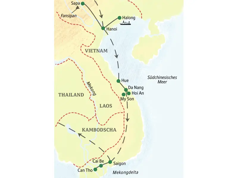 Wichtigste Stationen dieser umfassenden, 16-tägigen Studienreise durch Vietnam: Hanoi, Halongbucht, das Bergland um Sa Pa, Hue, Hoi An, Saigon und das Mekongdelta.