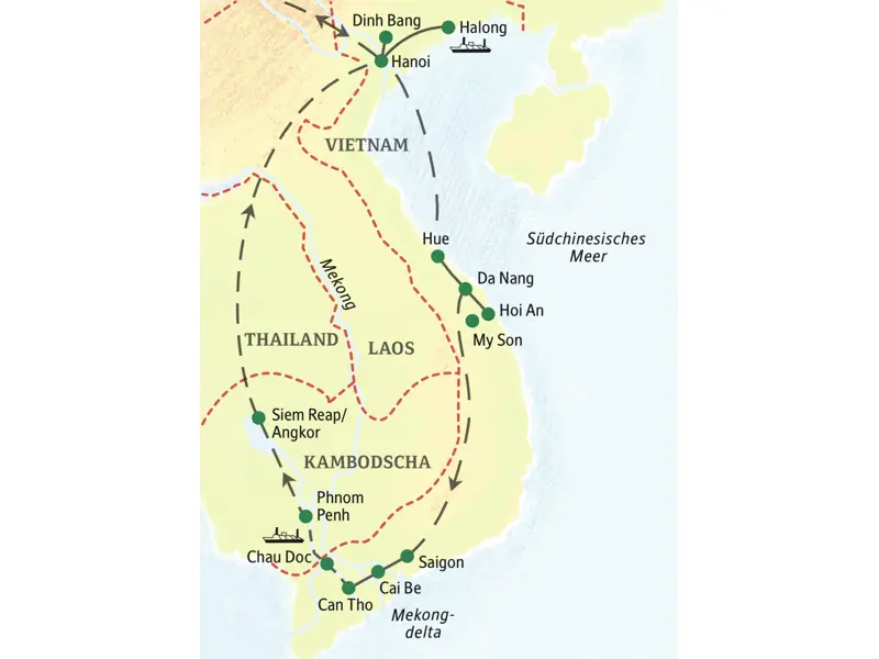 Die wichtigsten Stationen dieser 18-tägigen Studienreise durch Vietnam und Kambodscha sind Hanoi, Halongbucht, Hue, Hoi An, Saigon, Mekongdelta, Phnom Penh und Angkor Wat.