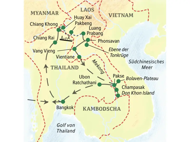 Laos auf einer 16-tägigen Studienreise von Nord nach Süd erleben: Gehen Sie an Bord unseres Mekongschiffes nach Luang Prabang und genießen Sie in Südlaos Ihre Lodge am Mekong!