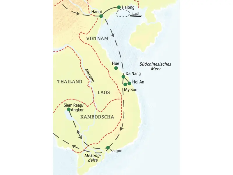 Wichtigste Stationen dieser PreisWert-Studienreise durch Vietnam und Kambodscha: Hanoi, Halongbucht, Hoi An, Saigon und Angkor Wat.