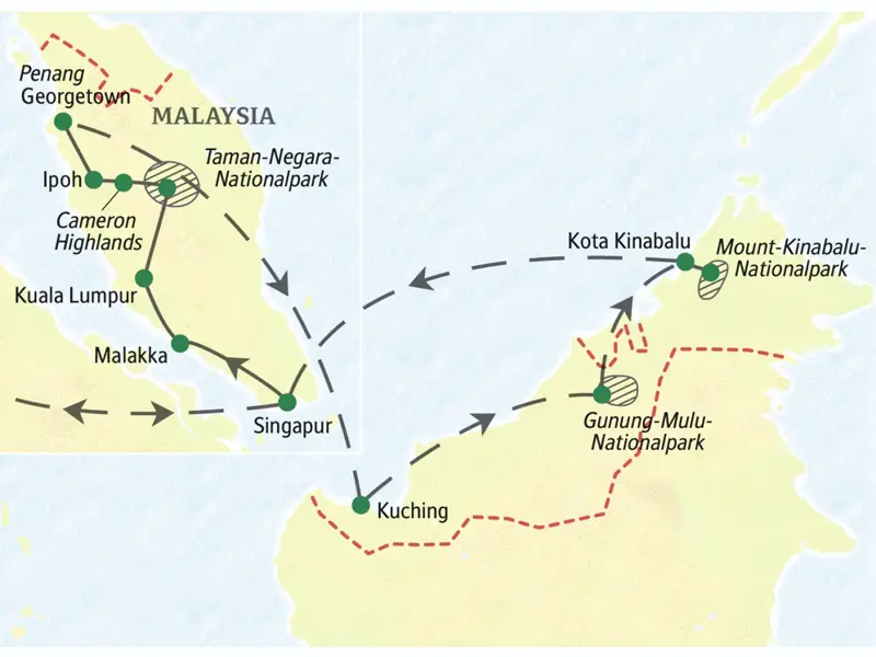 Auftakt unserer Studienreise Malaysia - mit Singapur und einer Woche Borneo ist der Aufenthalt im ultramodernen Stadtstaat, es folgt die Tour durch Malaysia mit Kuala Lumpur, den Cameron Highlands und Penang Georgetown. Weiter nach Borneo; wir sehen den Gunung-Mulu- und den Mount-Kinabulu-Nationalpark. Von Kota Kinabalu geht es zurück nach Singapur.