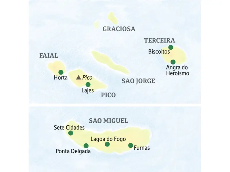 Die Karte zeigt den Verlauf unserer Naturstudienreise zu den Azoren: Sao Miguel Ponta Delgada, Lagao do Fogo Furnas, Faial Horta, Terceira Biscoitos, Angra do Heroismo