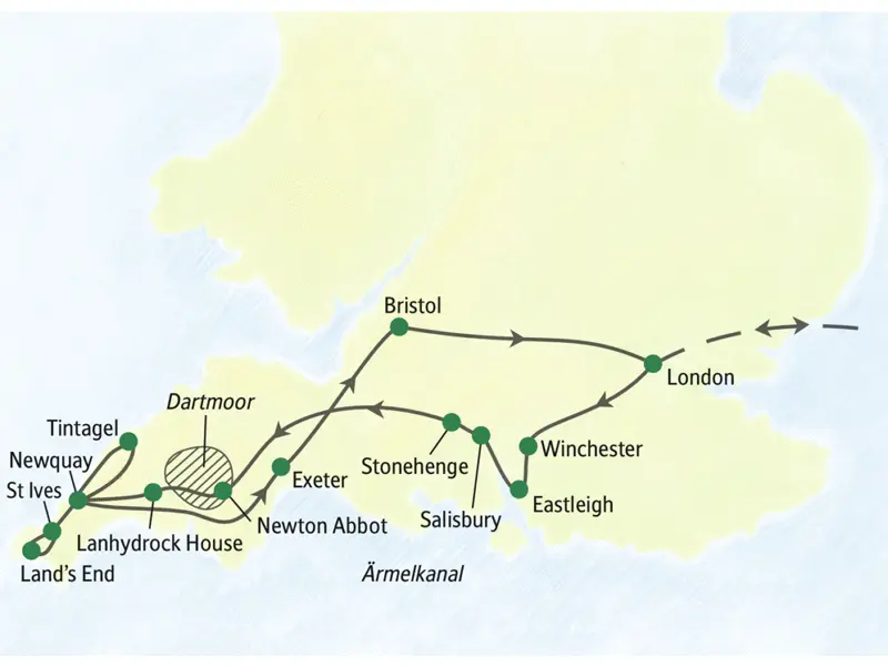 Die Karte zeigt den Verlauf unserer Preiswert-Studienreise Südengland: London, Winchester, Salisbury, Stonehenge, Newton Abbot, Lanhydrock, Newquay, St. Ives, Land's End, Tintagel, Exeter, Bristol.