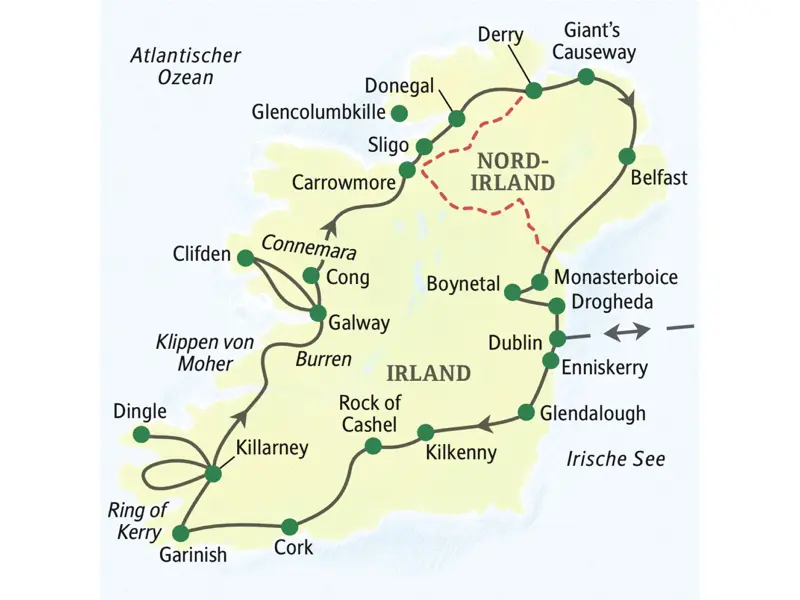 Die Karte zeigt den Verlauf unserer umfassenden Studienreise nach Irland: Dublin, Enniskerry, Glendalough, Kilkenny, Rock of Cashel, Cork, Garinish, Killarney, Dingle, Klippen von Moher, Galway, Cong, Carrownore, Sligo, Donegal, Derry, Belfast, Monasterboice, Boynetal, Drogheda.