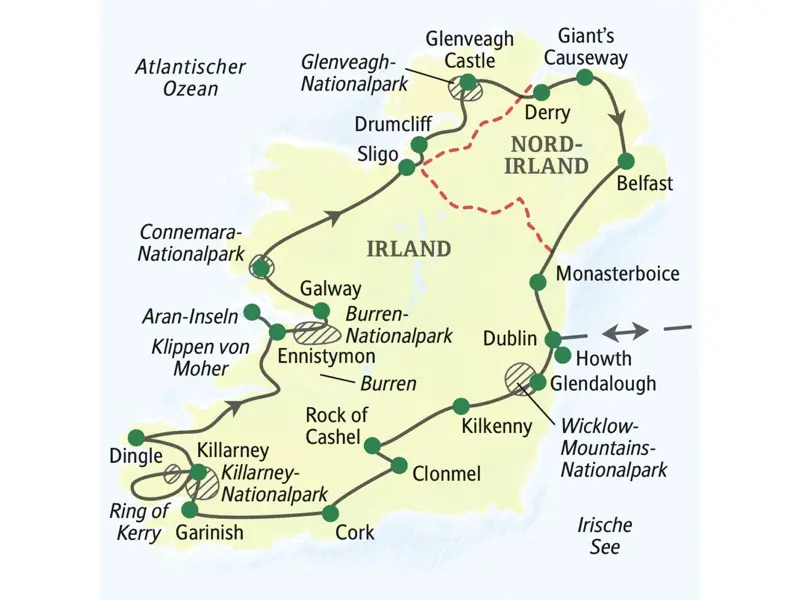 Die Karte zeigt den Verlauf der Wanderreise nach Irland: Dublin, Glendalough, Kilkenny, Rock of Cashel, Clonmel, Cork, Garinish, Killarney, Dingle, Ennistymon, Aran-Inseln, Galway, Sligo, Drumcliff, Glenveagh, Derry, Belfast, Monasterboyce, Howth