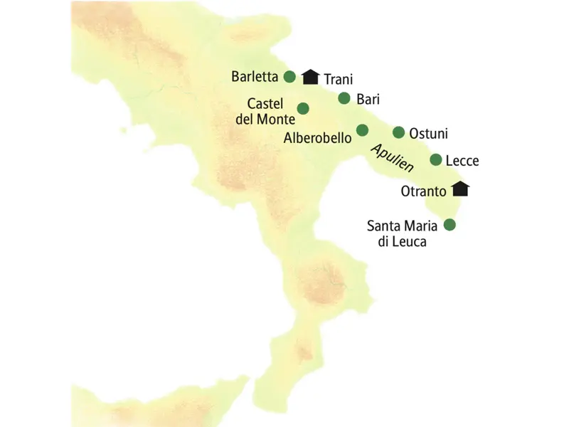 Auf der Reisekarte smart & small Apulien sind unter anderem die Hotelstandorte Trani und Otranto eingezeichnet. Zudem noch die Ortschaften Barlett, Bari, Castel del Monte, Alberobello, Ostuni, Lecce und Santa Maria di Leuca.