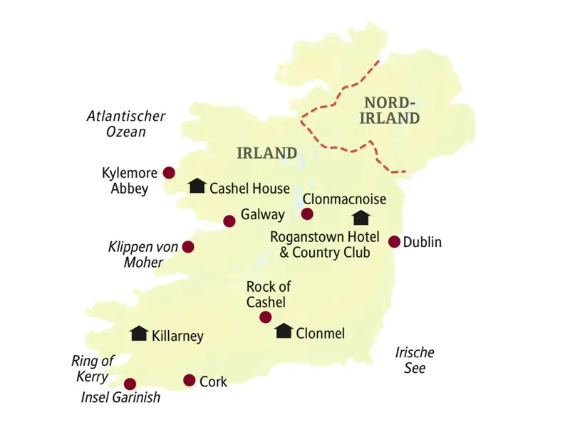 Unsere Reiseroute durch Irland führt über Dublin, Roganstown Hotel, Clonmacnoise, Galway, Cashel House, Kylemore Abbey, Klippen von Moher, Killarney, Ring of Kerry, Cork, Rock of Cashel und Clonmel.
