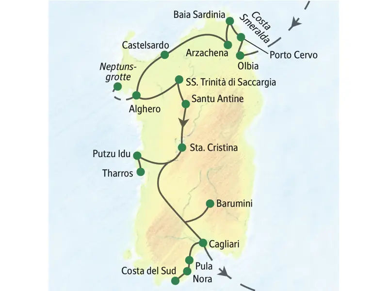 Stationen auf der Reise Sardinien - Höhepunkte sind unter anderem Olbia, Alghero, Putzu Idu, Pula und Cagliari.