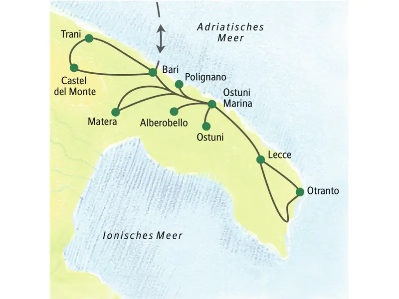Stationen der Reise nach Apulien sind unter anderem Bari, Ostuni, Lecce, Alberobello und Matera.