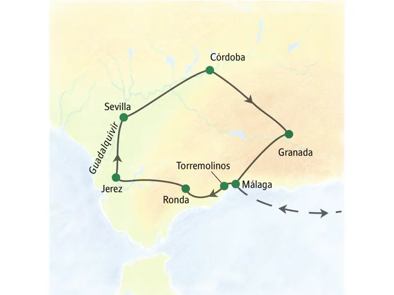 Unsere Studienreise durch Andalusien startet und endet in Málaga und führt über Torremolinos, Ronda, Jerez, Sevilla und Córdoba.