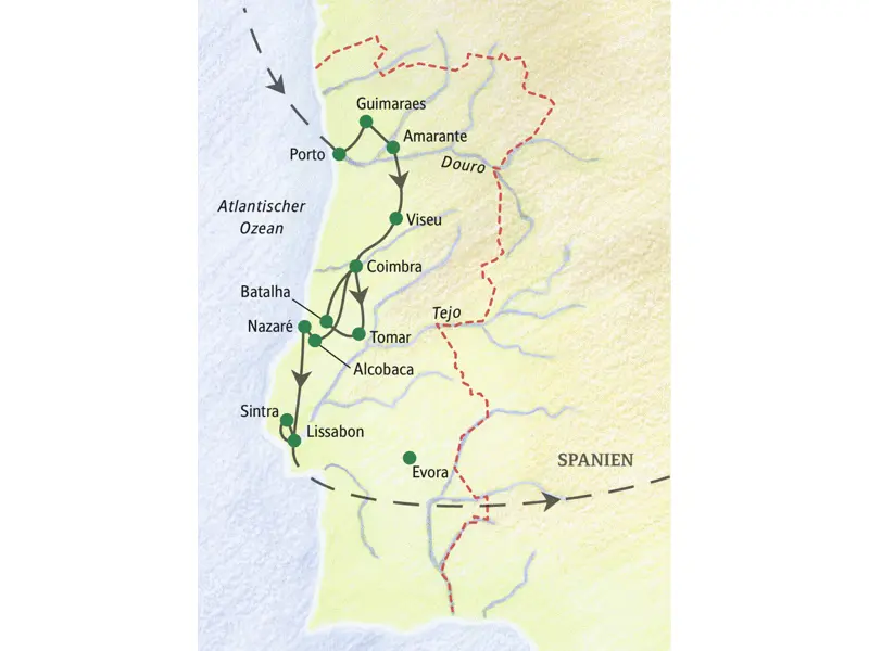 Die Karte zeigt den Verlauf der Studienreise Portugal - Höhepunkte: Porto, Guimaraes, Amarante, Viseu, Coimbra, Tomar, Alcobaca, Batalha, Nazaré, Lissabon, Sintra.