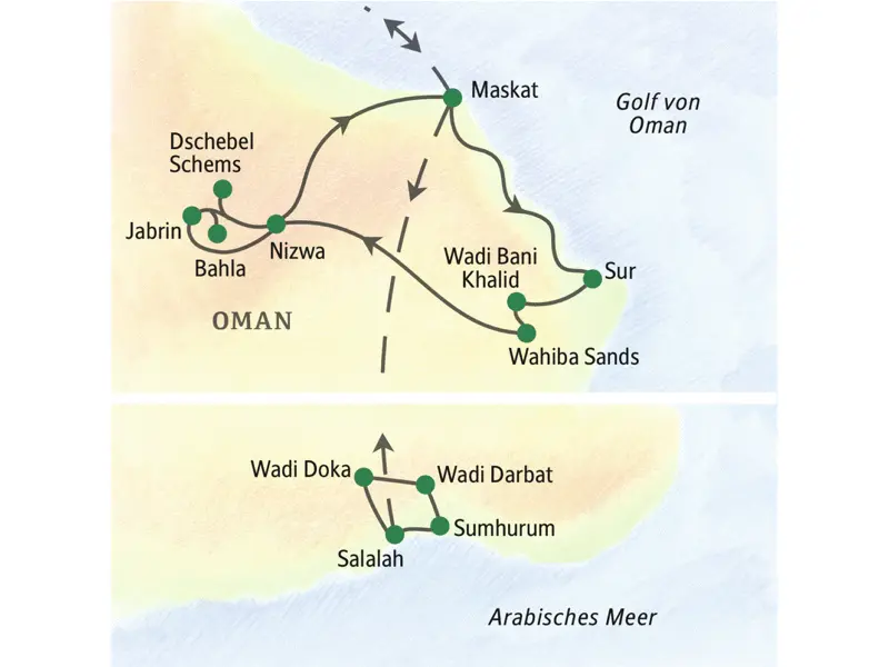 Bei der Studiosus-Reise Oman - die umfassende Reise übernachten Sie unter anderem  in Maskat, Sur, Wahiba Sands, Nizwa und Salalah.