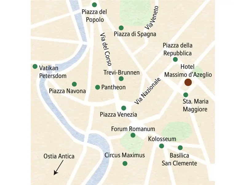Der Stadtplan von Rom mit den wichtigsten Sehenswürdigkeiten wie z.B. Forum Romanum, Vatikan, Kolosseum und Pantheon.