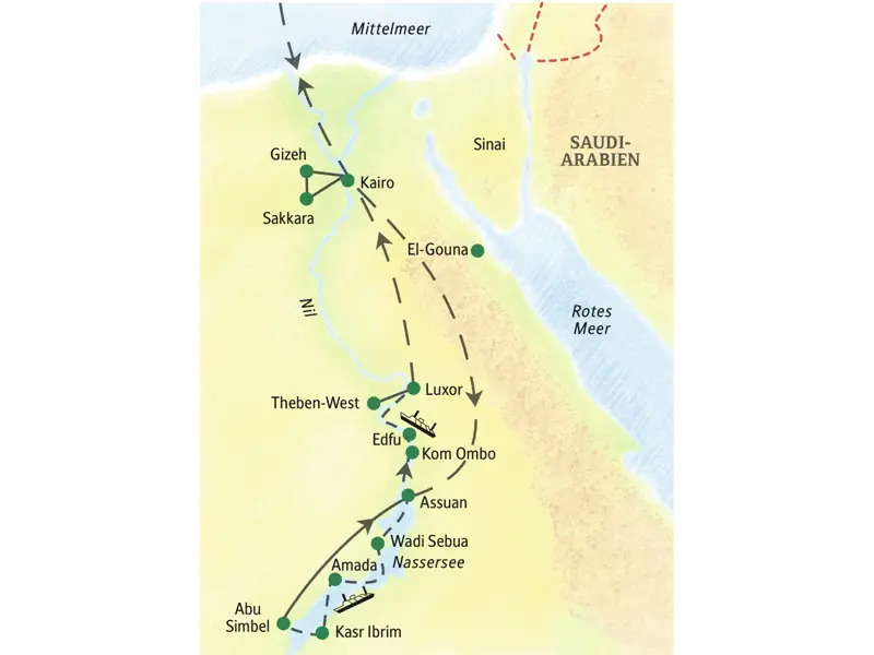 Stationen der 14-tägigen Kreuzfahrt-Studienreise Ägypten - Nassersee, Nil und Kairo sind Assuan, Abu Simbel, Kom Ombo, Edfu, Luxor, Gizeh und Sakkara.