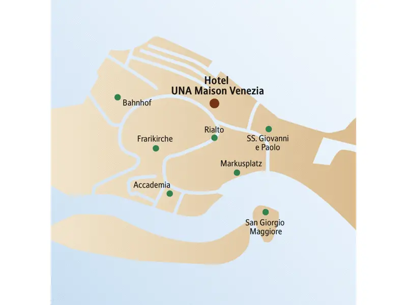 Auf diesem Stadtplan von Venedig ist die Lage der wichtigsten Sehenswürdigkeiten verzeichnet. Nicht weit von der Rialtobrücke liegt das Hotel UNA Maison Venezia - ein idealer Standort für Ihre CityLights-Städtereise nach Venedig.