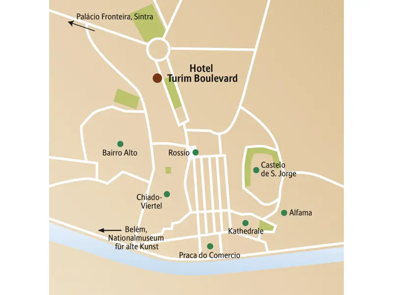 Das Hotel Turim Boulevard, in dem Sie auf dieser Städtereise nach Lissabon viermal übernachten, liegt zentral. Auch andere Besichtigungspunkte wie das Castelo de Sao Jorge, die Alfama, das Chiado-Viertel und das Bairro Alto sind von dort aus gut zu erreichen.