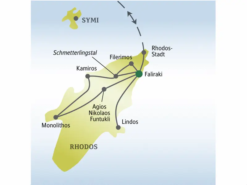 Vom Badeort Faliraki aus erkunden wir die Insel Rhodos und erleben auf unserer Singlereise Kamiros, Monolithos, Rhodos-Stadt, Filerimos und das Schmetterlingstal