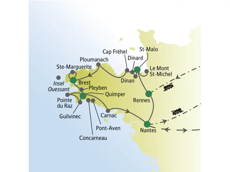 Unsere Reiseroute startet in Paris und führt über St-Malo, Brest, Quimper und Nantes zurück nach Paris.