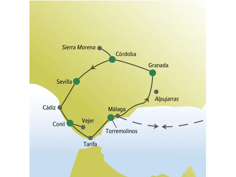 Die Stationen unserer Andalusienreise für Singles und Alleinreisenden sind u.a. Torremolinos, Málaga, Granada, Córdoba, Sevilla, Cádiz und Conil.