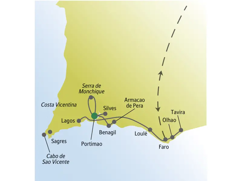 Die Karte zeigt den Verlauf unserer Algarvereise für Singles und Alleinreisende: Faro, Loule, Portimao, Lagos, Silves.